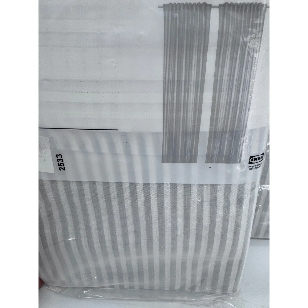 IKEA BYMOTT Curtain‎ Set of 2 47x98 White Grey Striped Panels 4 Panels New
